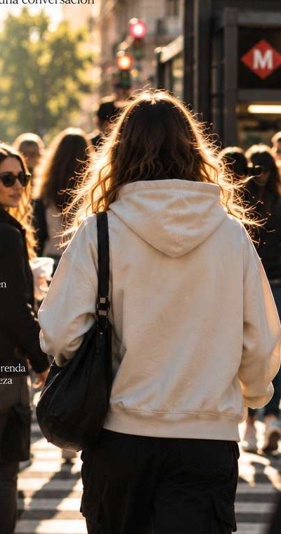 Persona con sudadera clara caminando entre una multitud urbana