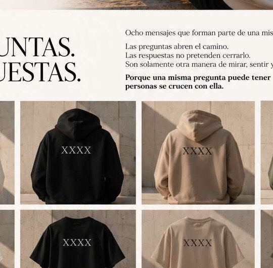 Composición conceptual de sudaderas y camisetas de la colección Origen